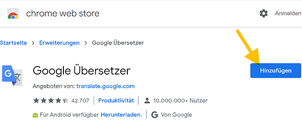 Auf Installationsseite der Google Übersetzer App: Klick auf 'Hinzufügen'