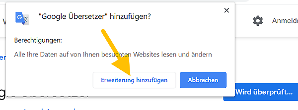 Google Übersetzer App bestätigen: Klick auf 'Erweiterung hinzufügen'